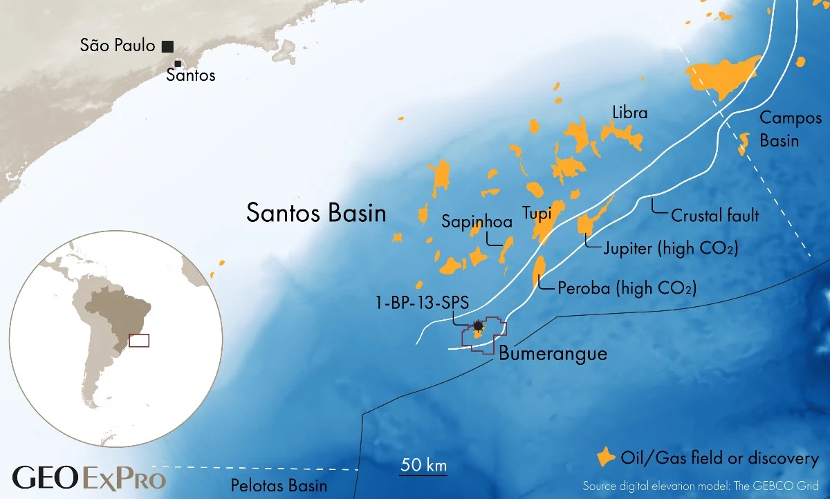 Bumerangue se ubica en el sector sur de la Cuenca de Santos, donde el pozo 1-BP-13-SPS confirmó el descubrimiento de BP (Fuente: GEO ExPro).