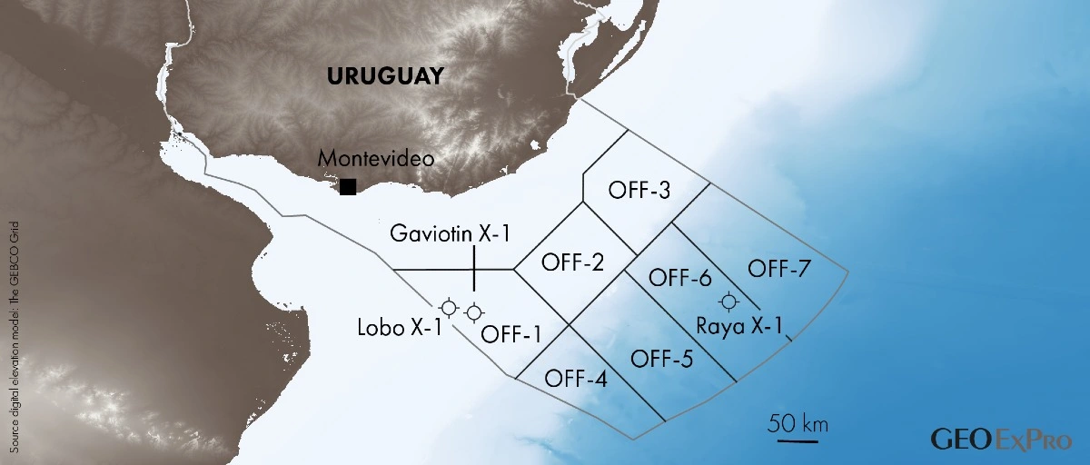 El bloque OFF-5 está ubicado a unos 200 kilómetros de la costa uruguaya y forma parte del conjunto de áreas exploratorias del margen atlántico del país (Fuente: GEOExPro).