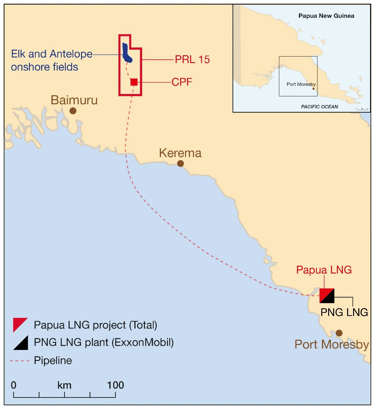 El proyecto Papua LNG conectará los campos Elk y Antelope con la costa de Papúa Nueva Guinea, junto a la planta PNG LNG operada por Exxon.