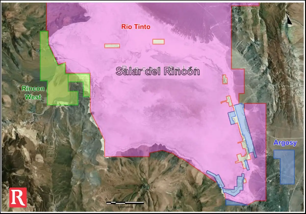 El salar del Rincón, en Salta, y las áreas identificadas para Rio Tinto, Rincón West y Argosy. El proyecto de Rio Tinto acumula USD 941 millones en contrataciones con proveedores argentinos.