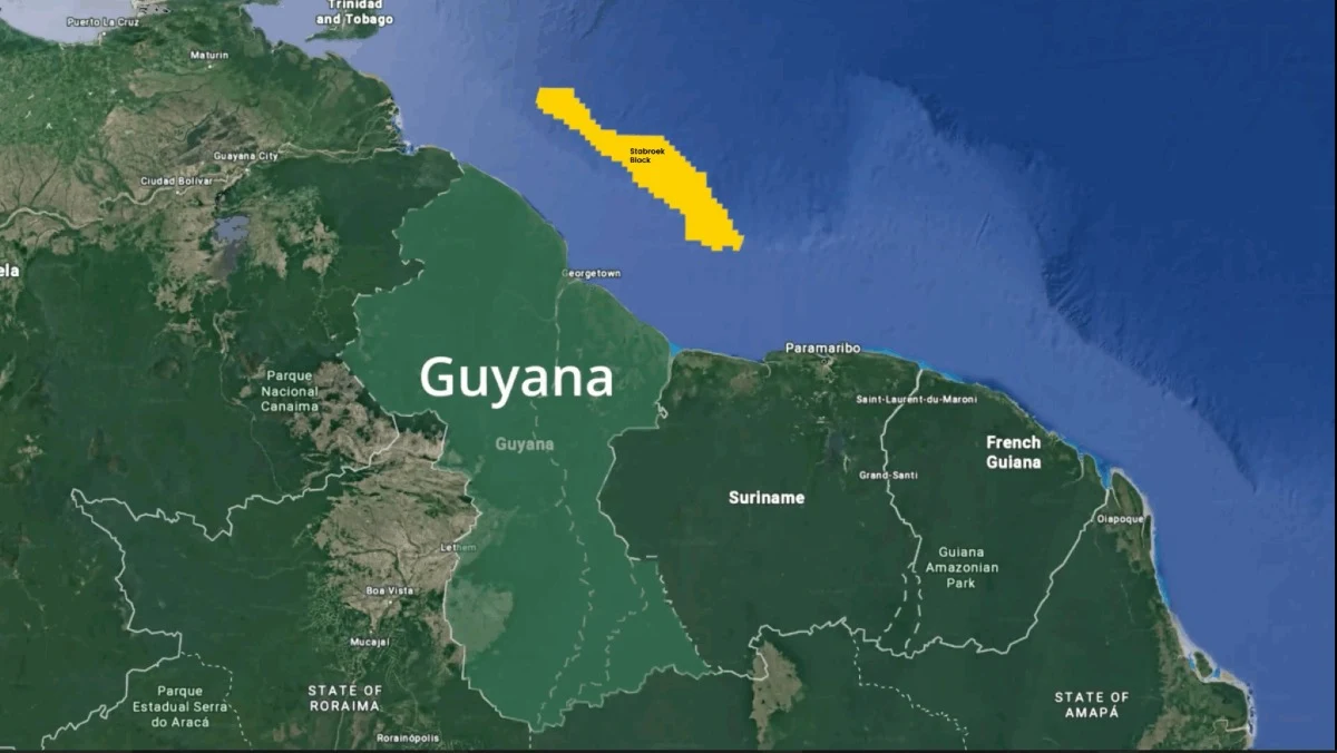Ubicación del Bloque Stabroek frente a la costa de Guyana, el área offshore operada por ExxonMobil que concentra todo el boom petrolero del país.
