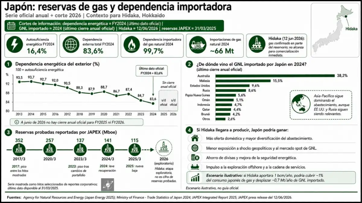 Japón depende casi por completo del gas importado. Hidaka suma potencial exploratorio, aunque aún no tiene reservas comerciales confirmadas (Fuente: ANRE, Ministerio de Finanzas y JAPEX).