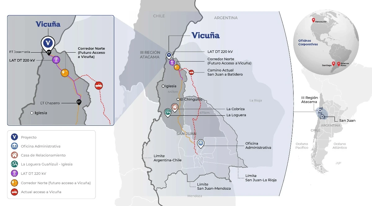 Ubicación del proyecto Vicuña y trazado de sus accesos e infraestructura eléctrica prevista en San Juan.