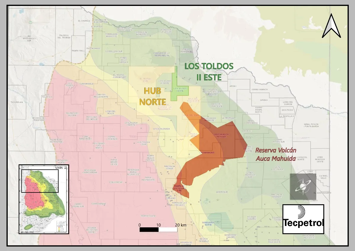 Ubicación de Los Toldos II Este en el norte de Vaca Muerta. El área abarca 78 km² y concentra el desarrollo petrolero de Tecpetrol, con 380 nuevos pozos previstos.