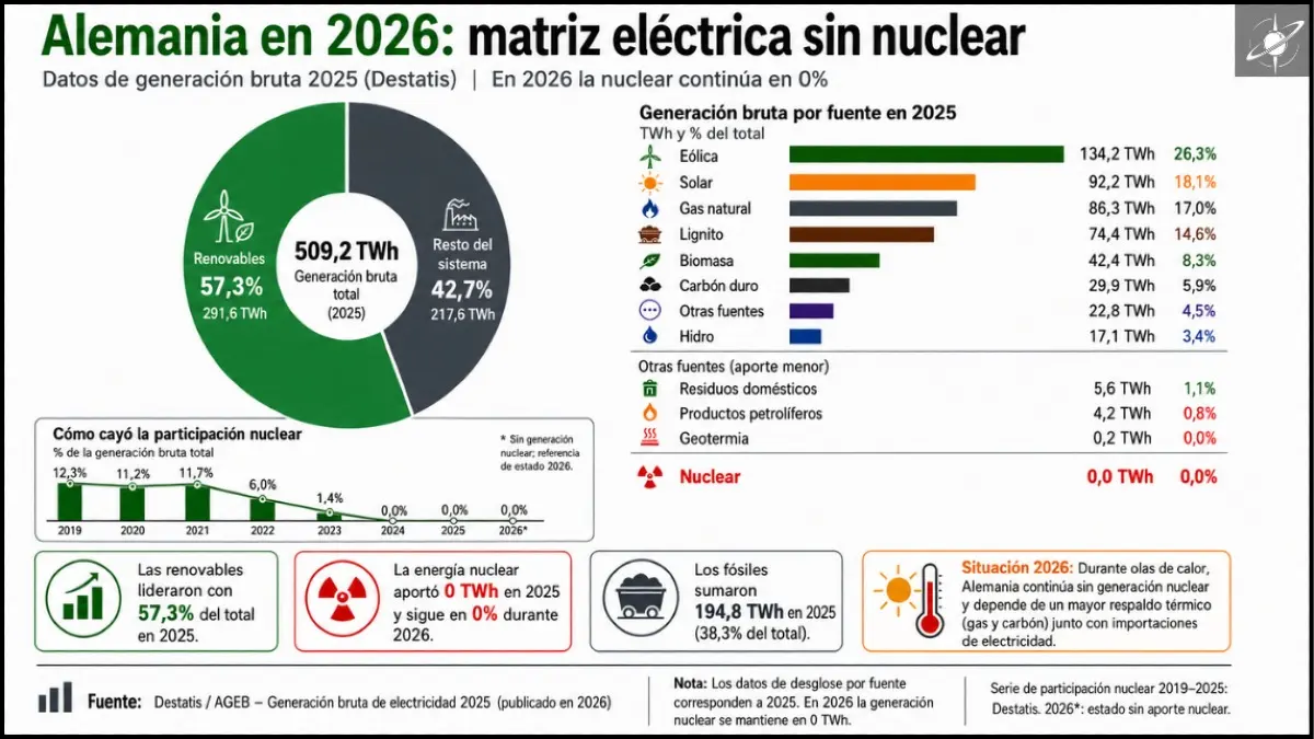 La matriz eléctrica de Alemania muestra que en 2025 las renovables aportaron 57,3% de la generación bruta, mientras la energía nuclear cayó a 0 TWh; en 2026 el país sigue sin aporte nuclear propio.