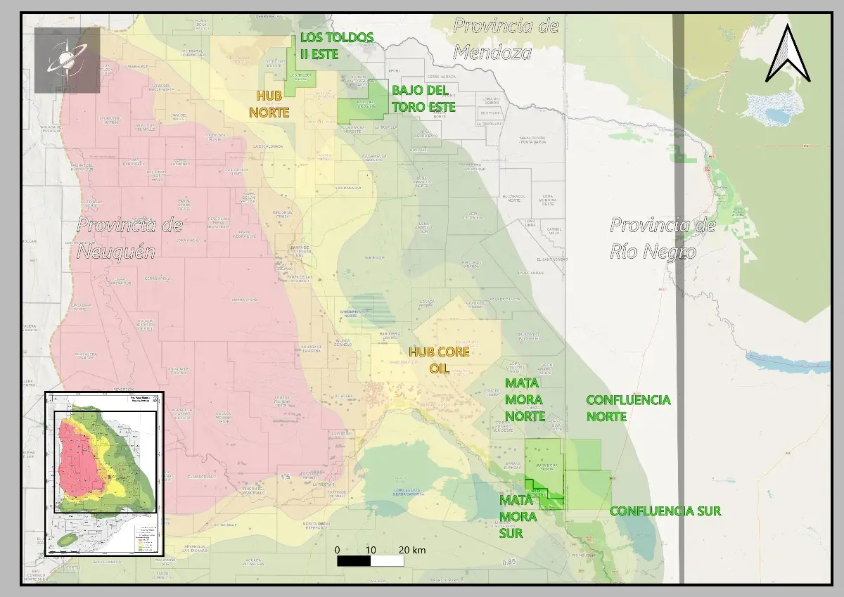 Mapa de los activos potencialmente combinados de Continental Resources y Phoenix Global Resources en relación con los dos principales hubs productivos de Vaca Muerta.