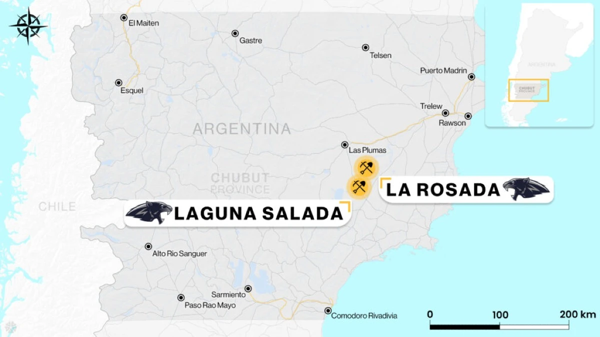 Ubicación de Laguna Salada y La Rosada, los activos de Jaguar Uranium en la provincia de Chubut (Fuente: Jaguar Uranium)