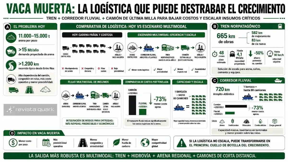 El tren, el corredor fluvial y los camiones de última milla podrían reducir costos, aliviar las rutas y sostener el crecimiento de Vaca Muerta.