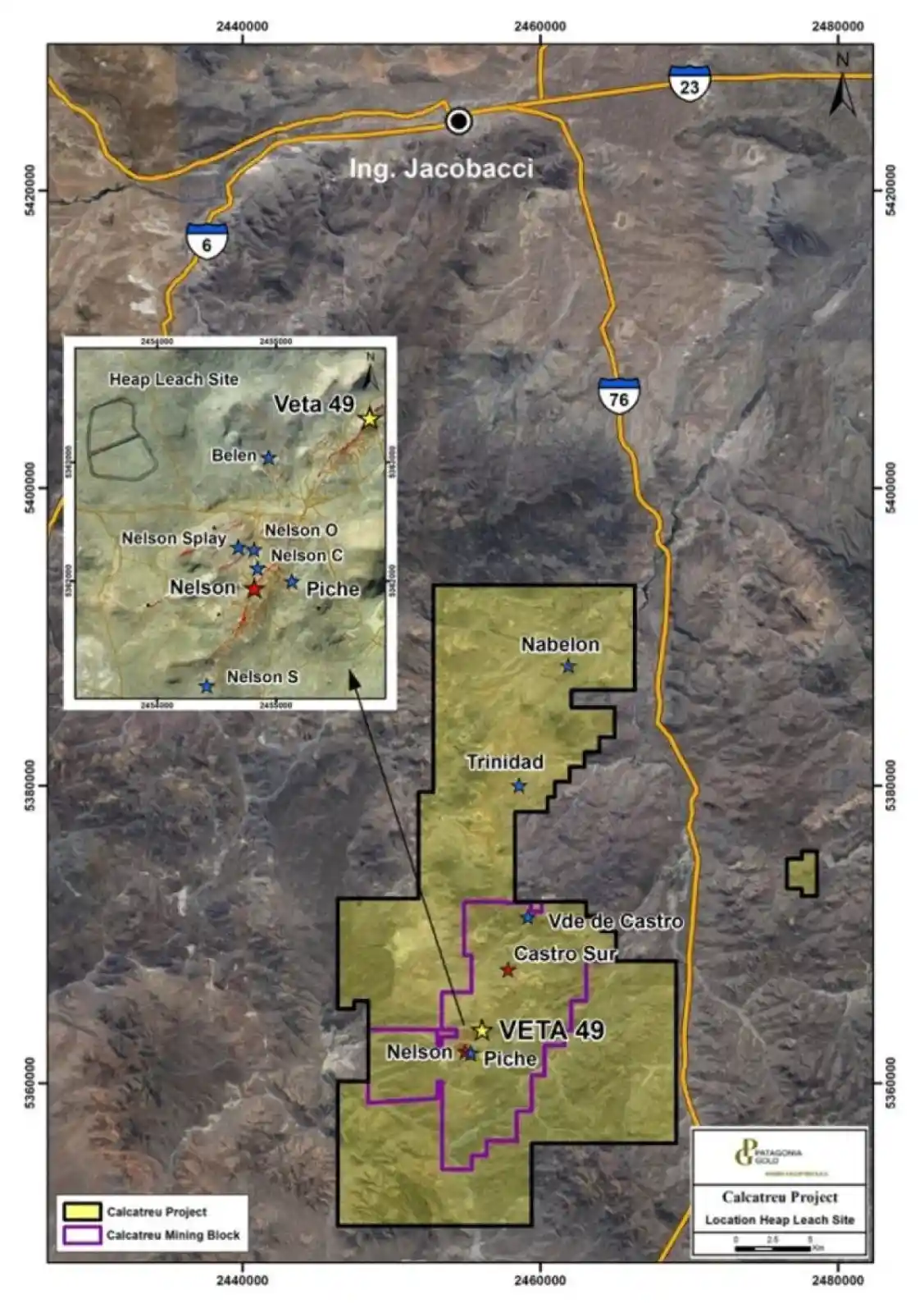 El proyecto Calcatreu se ubica en el área de Ingeniero Jacobacci, en la Región Sur de Río Negro (Fuente: Patagonia Gold).