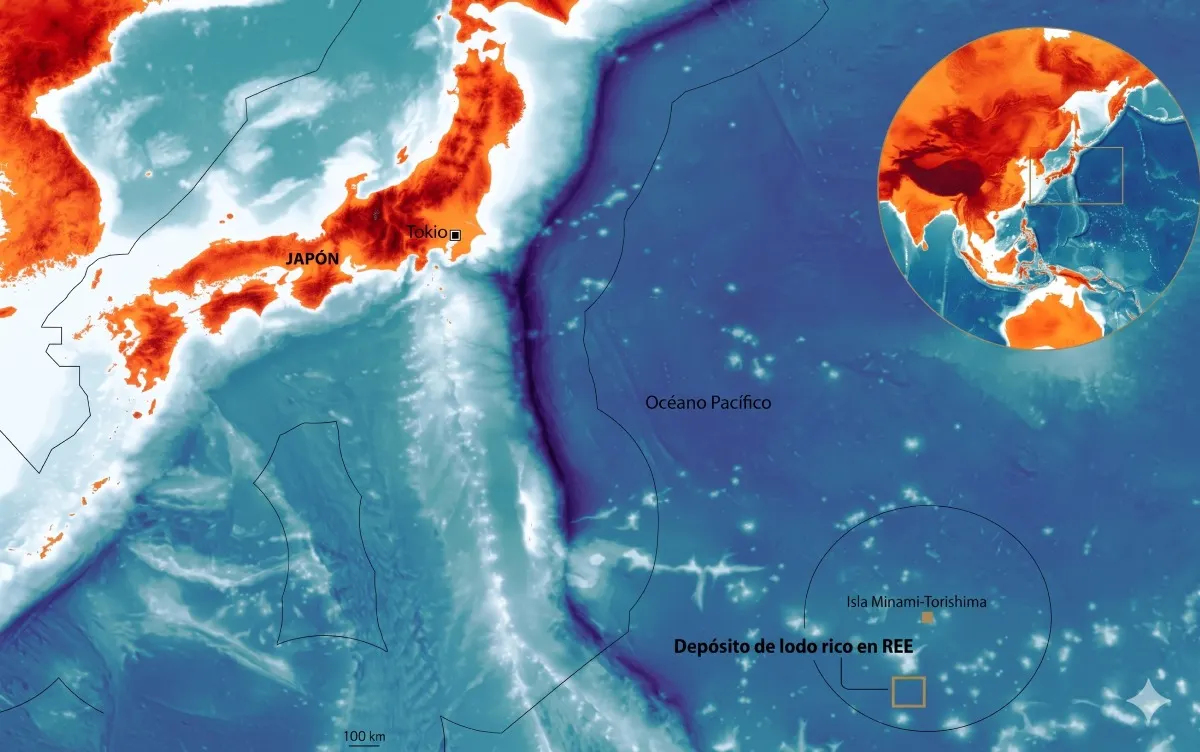 Ubicación de Minami-Torishima, en el Pacífico occidental, donde Japón identificó sedimentos abisales ricos en tierras raras dentro de su Zona Económica Exclusiva.