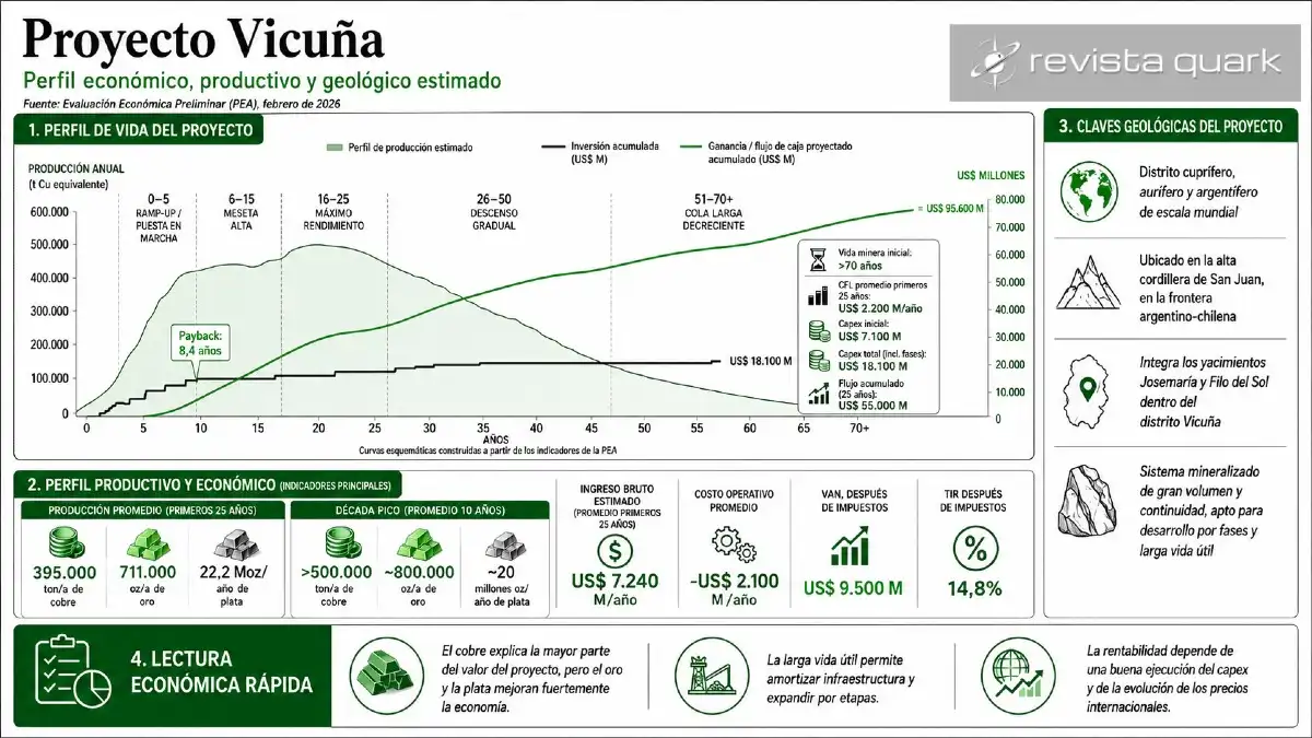 Perfil económico, productivo y geológico del proyecto Vicuña según la PEA de febrero de 2026. Elaboración propia.