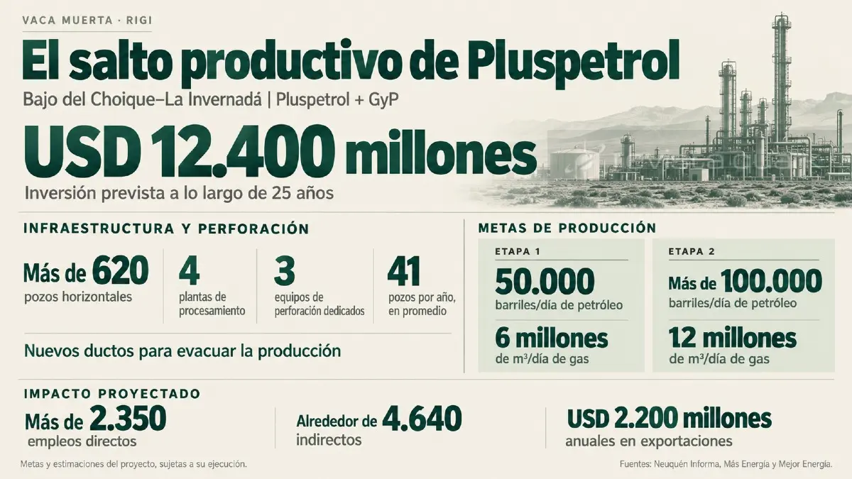 El desarrollo de Bajo del Choique–La Invernada contempla USD 12.400 millones en 25 años, más de 620 pozos horizontales y cuatro plantas de procesamiento.