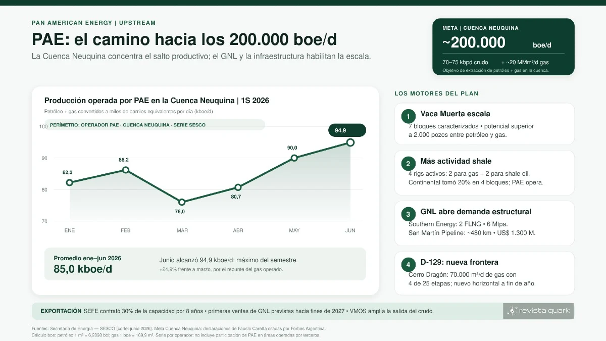 Producción operada por PAE en la Cuenca Neuquina y principales motores para alcanzar su objetivo de 200.000 boe/d.