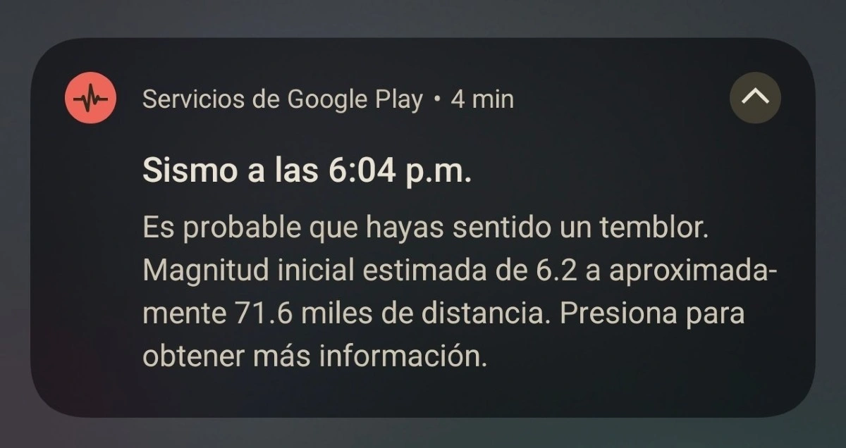 Una alerta sísmica recibida en un celular Android. Estos sistemas no predicen terremotos: detectan el inicio del evento y pueden ganar segundos antes de la llegada de las ondas más intensas.