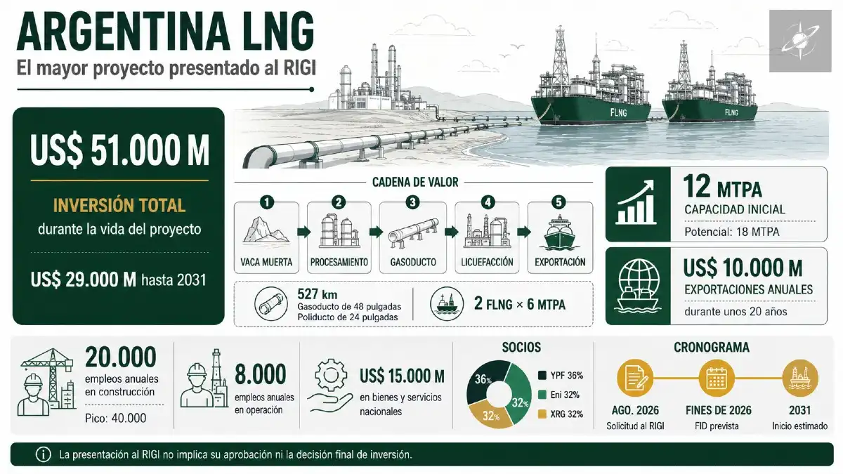 Argentina LNG proyecta US$ 51.000 millones de inversión, una capacidad inicial de 12 MTPA y exportaciones por US$ 10.000 millones anuales (Fuente: YPF y Eni).