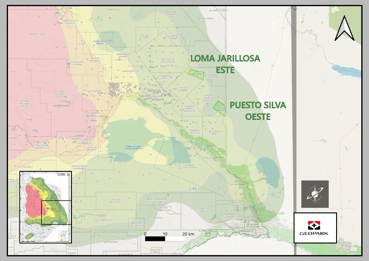 Loma Jarillosa Este y Puesto Silva Oeste, los bloques de GeoPark en Vaca Muerta. En el primero, la compañía conectó los cinco pozos del Pad 1030.