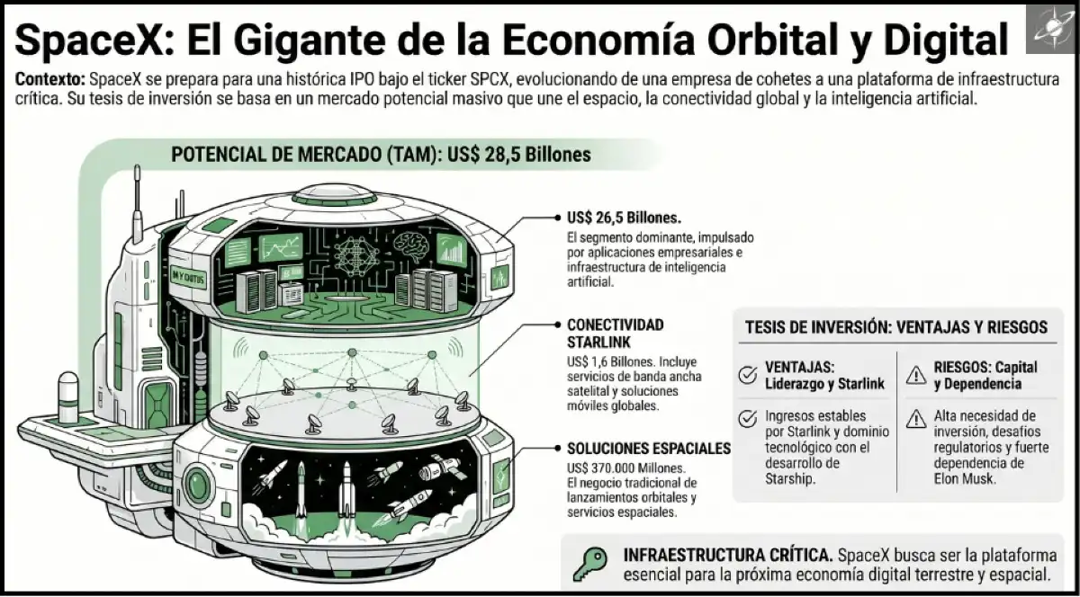 SpaceX proyecta un mercado potencial de US$ 28,5 billones, impulsado principalmente por servicios de IA empresarial.