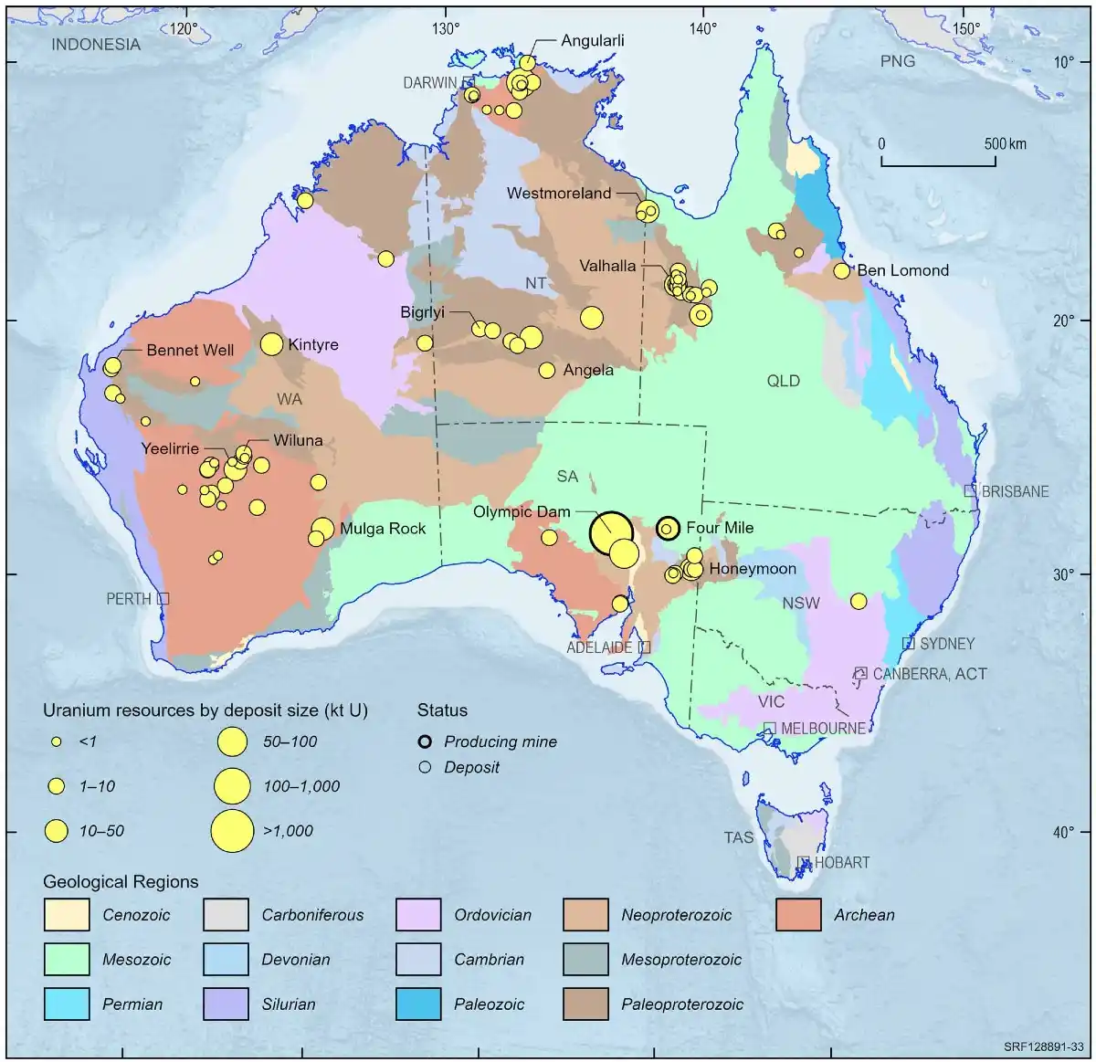 Mapa de los principales depósitos de uranio en Australia, con Olympic Dam como el mayor recurso identificado del país.