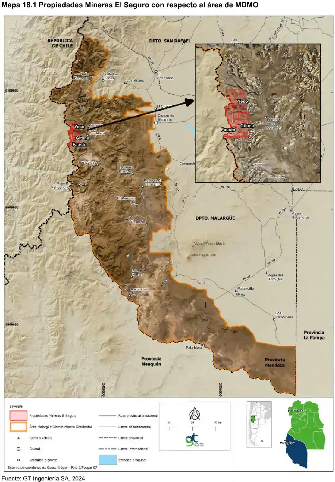 Las propiedades Fausto, Gitana y El Yeso conforman el proyecto El Seguro, junto al límite con Chile (Fuente: Impulsa Mendoza y GT Ingeniería SA)