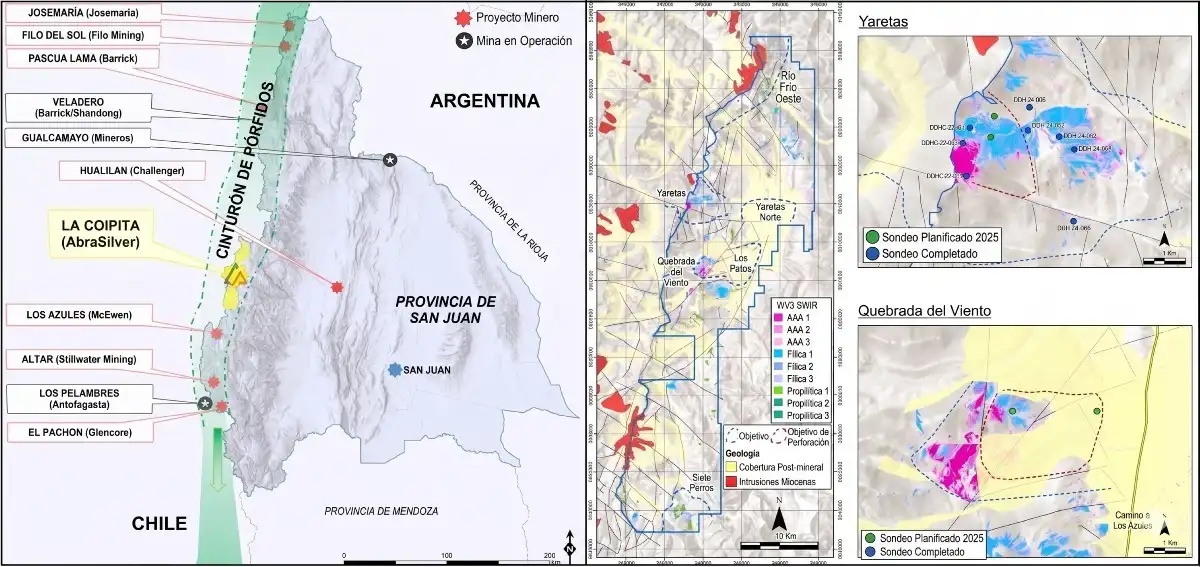 Mapa del proyecto La Coipita, en San Juan, con los principales objetivos exploratorios y el detalle de Yaretas, donde AbraSilver reportó el mejor intercepto histórico del programa (Fuente: Abrasilver)