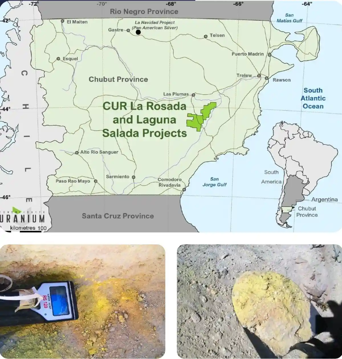 Ubicación de La Rosada y Laguna Salada en Chubut y registros de campo de su mineralización superficial. Jaguar Uranium ampliará la exploración con diversos estudios. (Fuente: Jaguar Uranium Corp.)