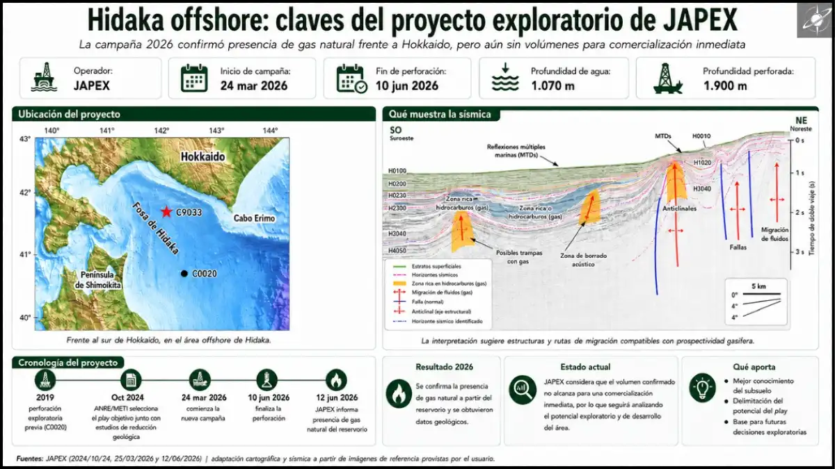 Hidaka confirmó gas y aportó datos geológicos, aunque sin escala comercial inmediata (Fuente: JAPEX y GeoExPro).