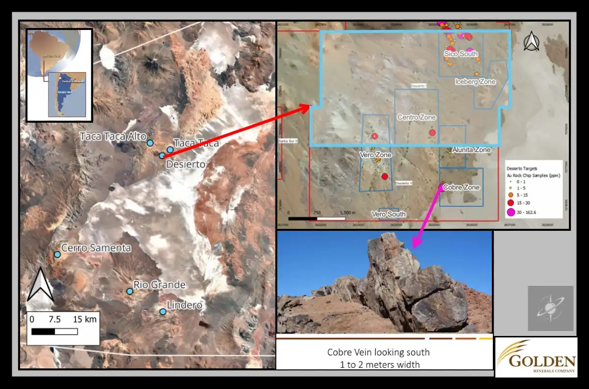 Ubicación del proyecto Desierto, cerca de Taca Taca. Los puntos de colores representan concentraciones de oro en muestras de roca (Fuente: Golden Minerals).