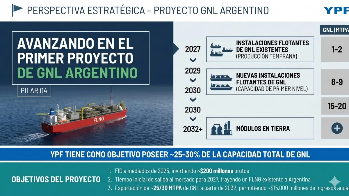 Hoja de ruta presentada por YPF para el desarrollo del GNL, con una primera etapa basada en unidades flotantes FLNG y una expansión progresiva de la capacidad exportadora (Fuente: YPF).