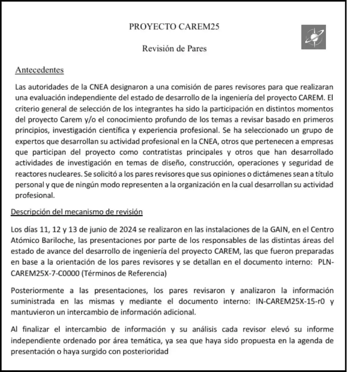 Extracto Parcial del Informe técnico Proyecto CAREM 25.