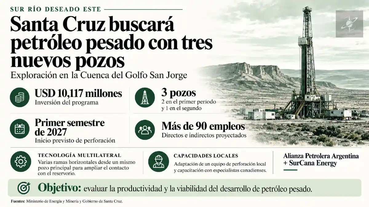 Alianza Petrolera Argentina prevé invertir más de USD 10 millones en tres pozos exploratorios en Santa Cruz. La campaña evaluará el potencial del petróleo pesado mediante perforación multilateral.