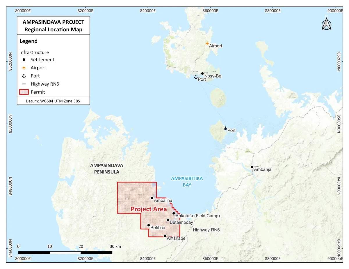 Ubicación del proyecto Ampasindava, en la costa noroeste de Madagascar, próximo a la bahía de Ampasibitika y conectado con la ruta RN6 y puertos regionales. Fuente: Harena Rare Earths.