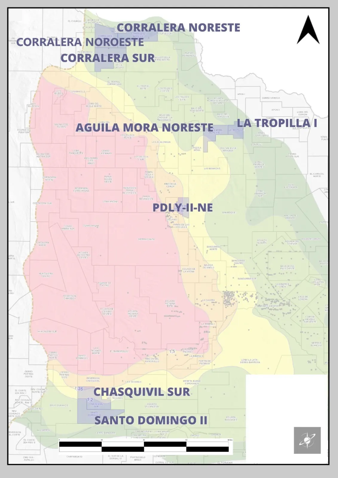 Ubicación de los 8 bloques que Gas y Petróleo del Neuquén (GyP) licitó en la Ronda 1/2026 del Plan Exploratorio Neuquén.
