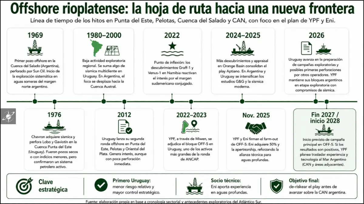 Del primer pozo offshore al plan YPF-Eni: los hitos que reactivaron la exploración en el margen rioplatense.