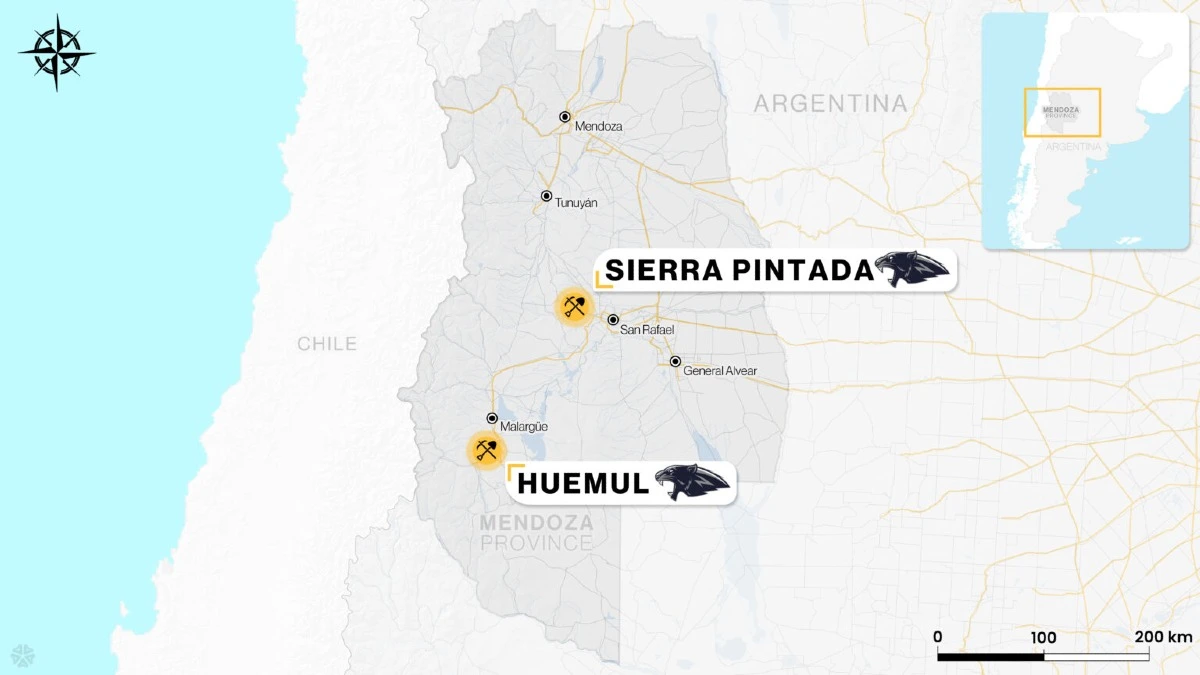 Localización de Huemul y las concesiones de Sierra Pintada dentro del portafolio de Jaguar Uranium en Mendoza (Fuente: Jaguar Uranium).
