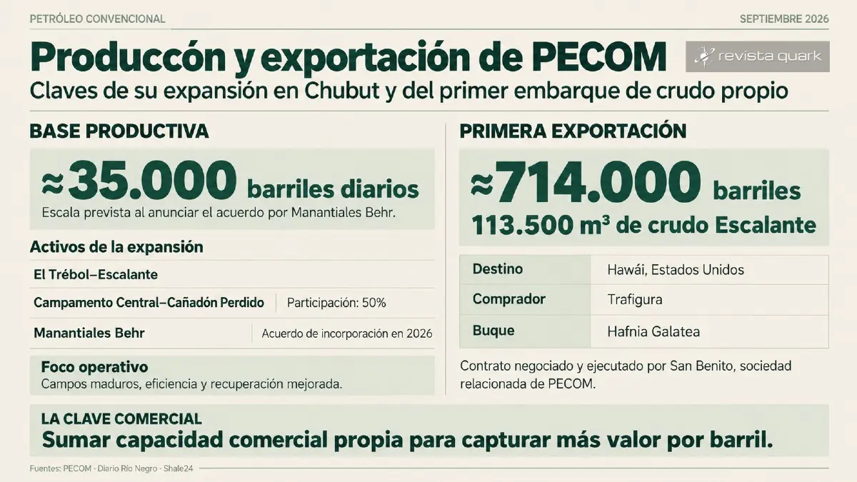 La expansión productiva de PECOM en Chubut suma una salida comercial internacional con su primera exportación de crudo propio.