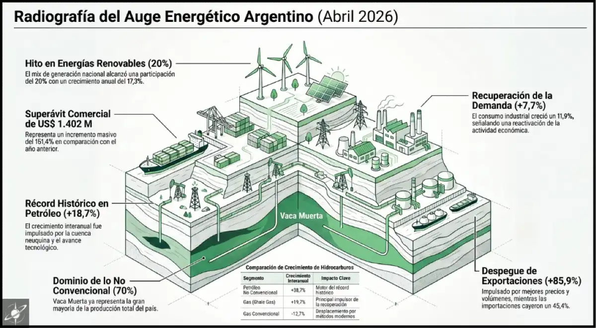 Radiografía del auge energético argentino en abril de 2026: Vaca Muerta impulsa récords de petróleo, mayor peso no convencional, renovables en expansión y superávit comercial energético.