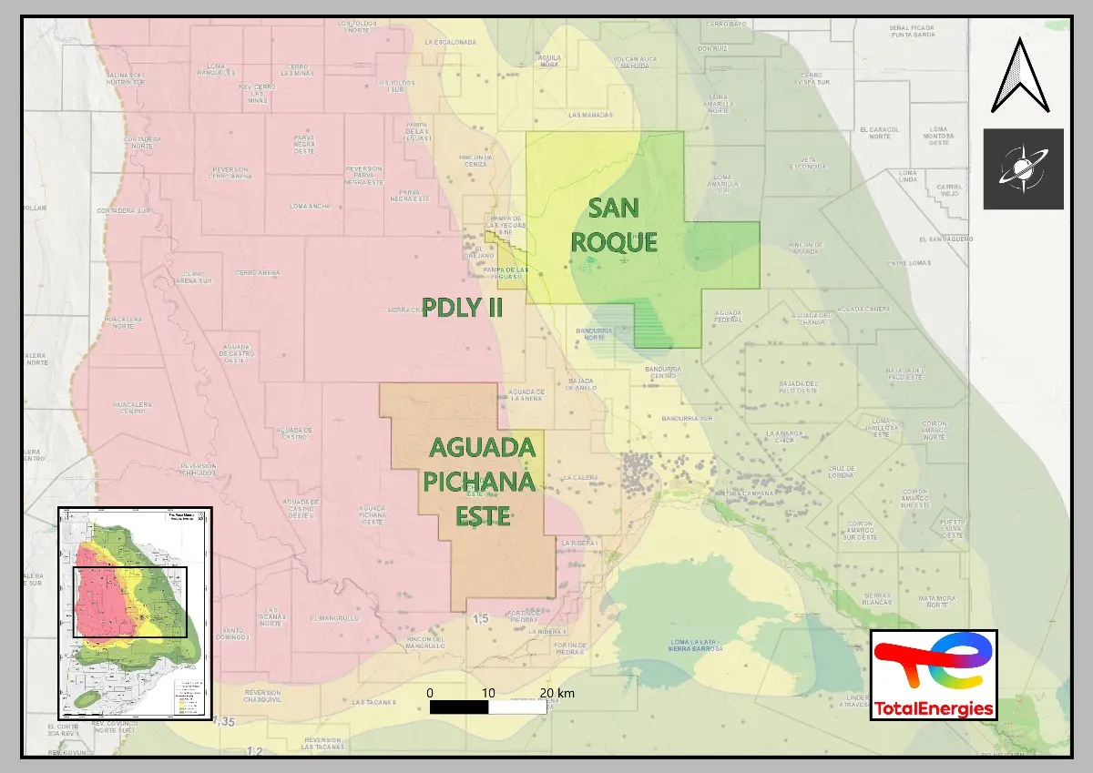San Roque y Aguada Pichana Este concentran los nuevos proyectos de TotalEnergies en Neuquén: desarrollar petróleo no convencional y ampliar la capacidad de procesamiento de gas, respectivamente.