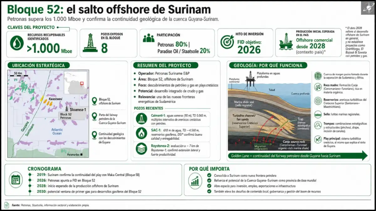 El Bloque 52 de Petronas consolida el play turbidítico cretácico que conecta los grandes descubrimientos de Guyana con la nueva frontera offshore de Surinam.