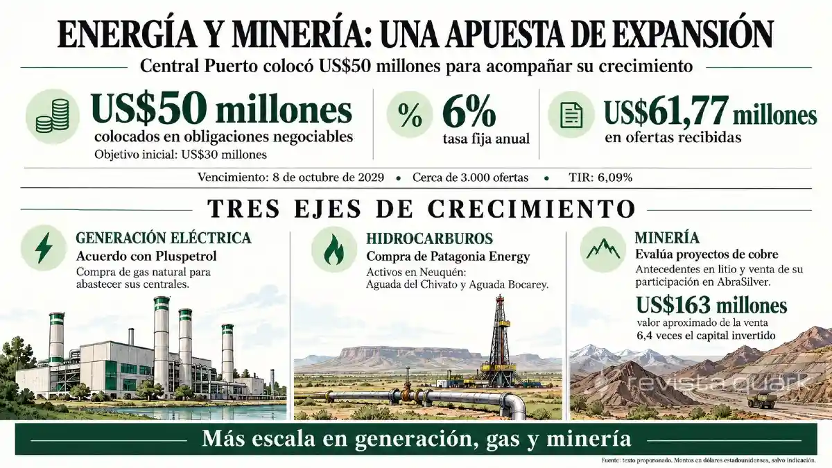 Central Puerto colocó US$50 millones a una tasa fija anual del 6%, mientras amplía su presencia en generación eléctrica, hidrocarburos y minería.