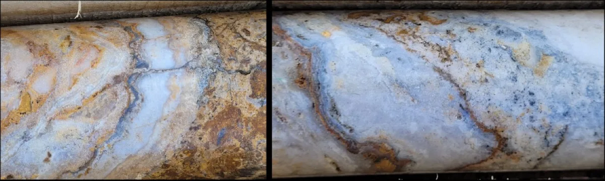 Testigos con vetas de cuarzo epitermal del proyecto Calcatreu. La mineralización de oro y plata explica el potencial productivo que sustenta la proyección fiscal para Río Negro(Fuente: Patagonia Gold)