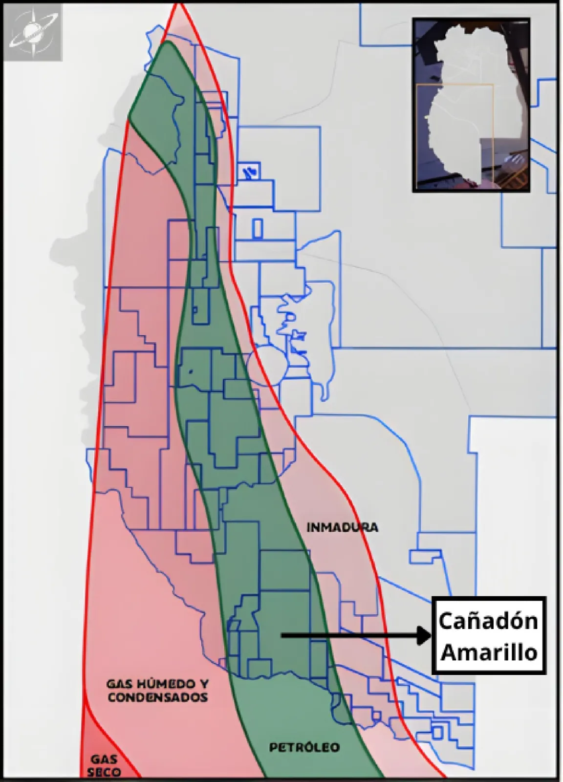 Ubicación de Cañadón Amarillo en la extensión mendocina de Vaca Muerta y su relación con las distintas ventanas de madurez térmica.