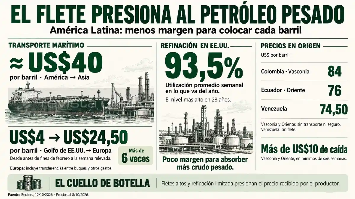 El encarecimiento del transporte marítimo y la elevada utilización de las refinerías estadounidenses limitan las opciones comerciales del petróleo pesado latinoamericano.