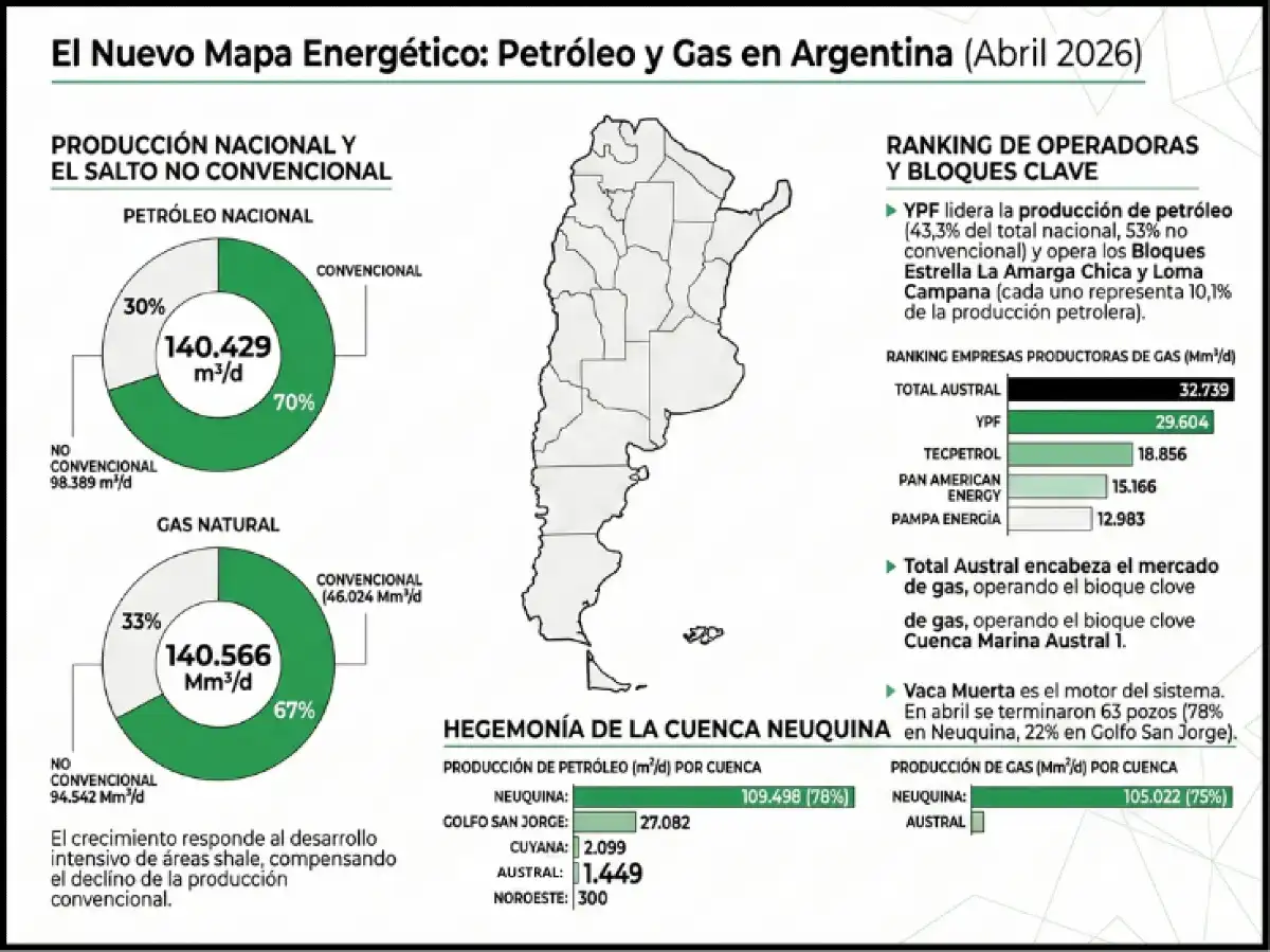 El nuevo mapa energético argentino: en abril de 2026, el no convencional explicó cerca del 70% del petróleo y el 67% del gas, con la Cuenca Neuquina como principal centro productivo del país.