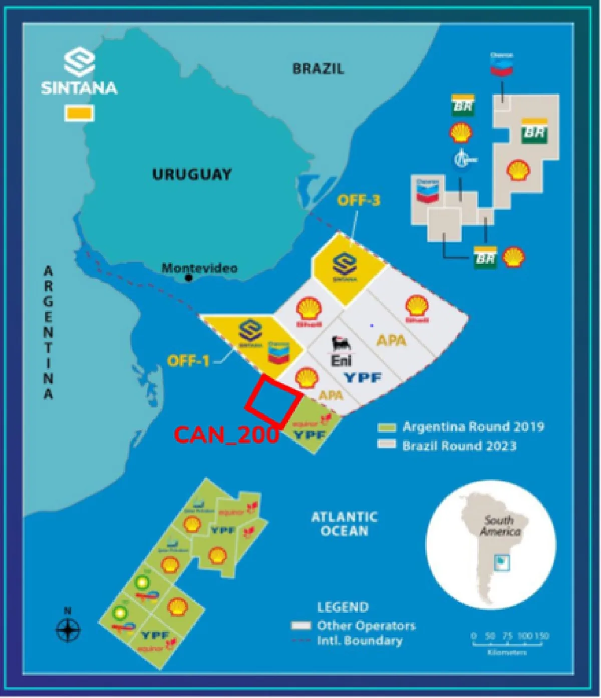 CAN_200 se ubica al sur de sus bloques uruguayos OFF-1 y OFF-3 (Fuente: Saitana Energy).