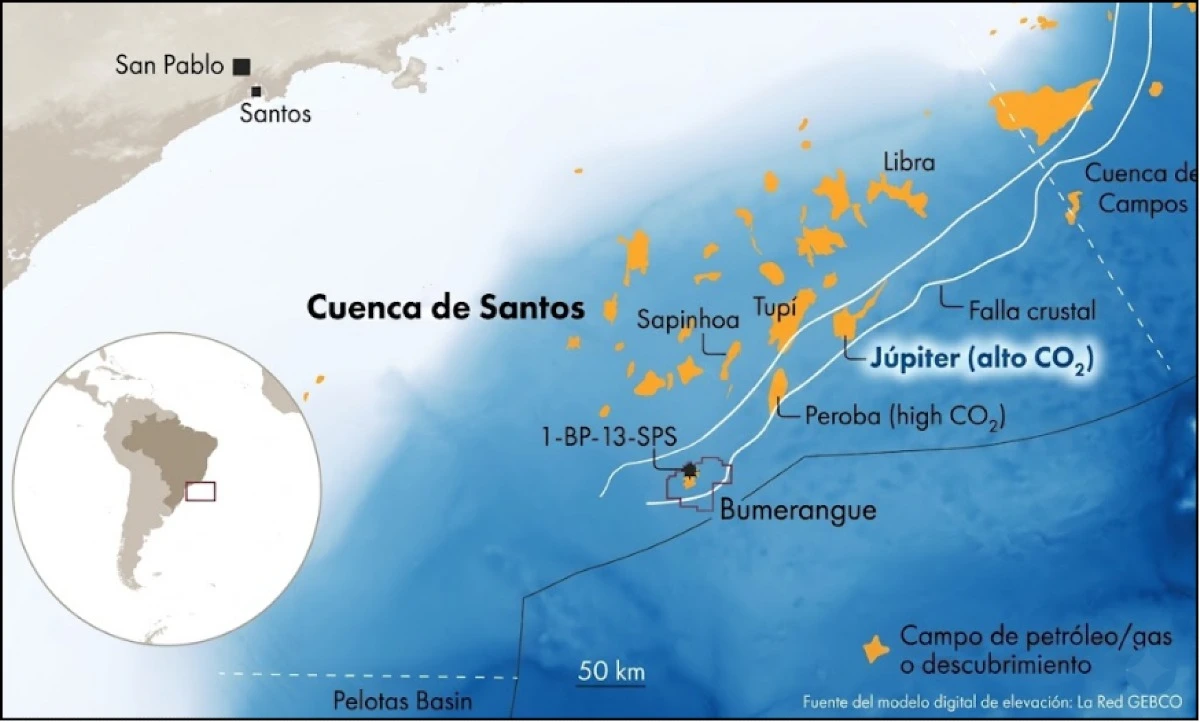 Ubicación del campo Júpiter en la Cuenca de Santos, dentro del cluster del pre-sal brasileño y cercano a otros grandes descubrimientos como Tupi, Sapinhoá y Libra.