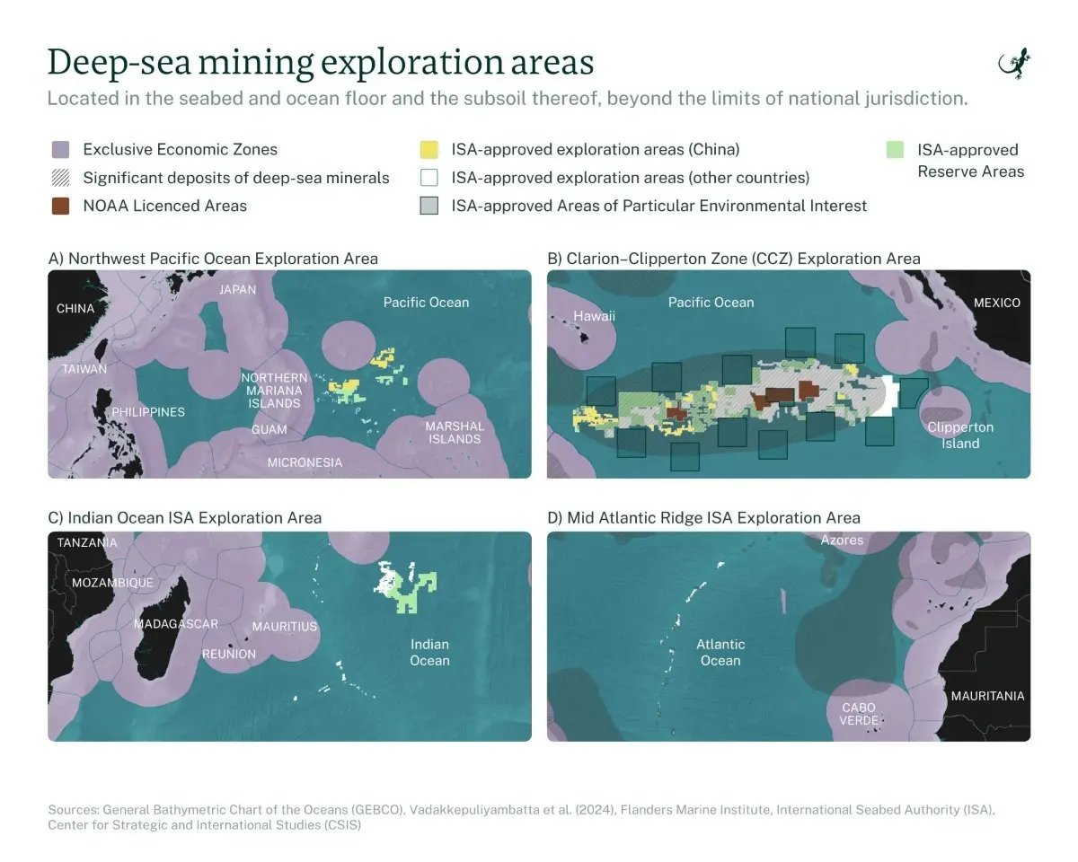 Áreas globales de exploración minera submarina, con foco en la Zona Clarion-Clipperton y otras provincias de interés para minerales críticos.