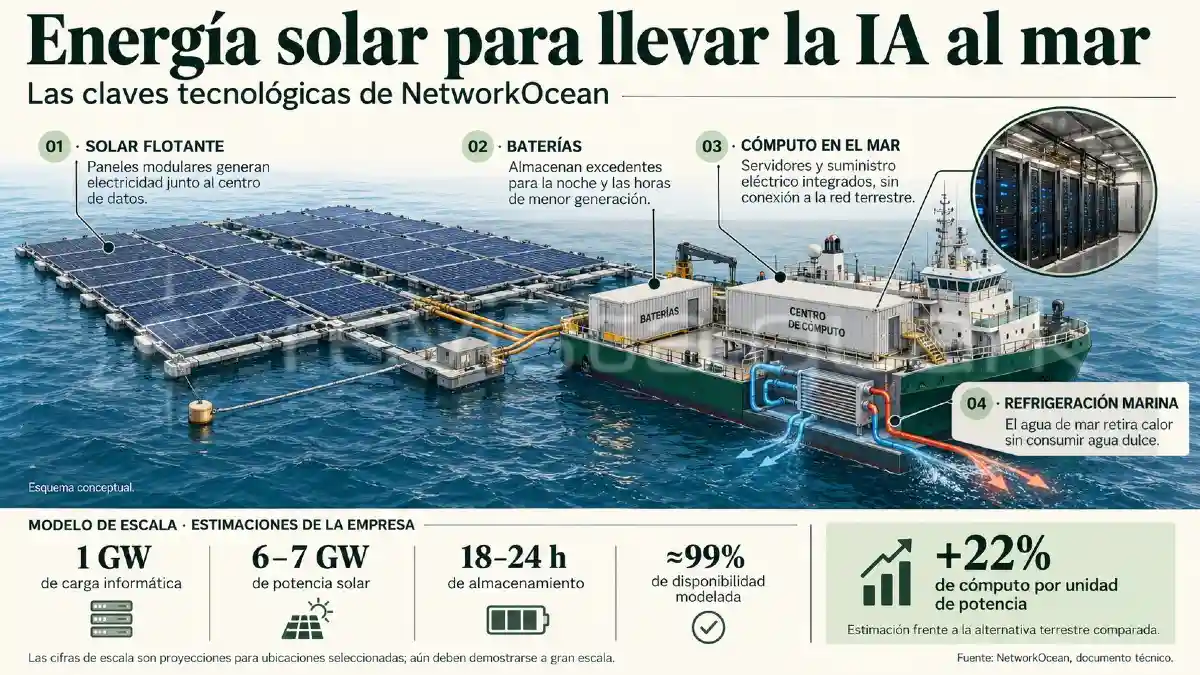 El modelo de NetworkOcean integra generación solar flotante, baterías y refrigeración marina para alimentar centros de datos sin conexión a la red terrestre.