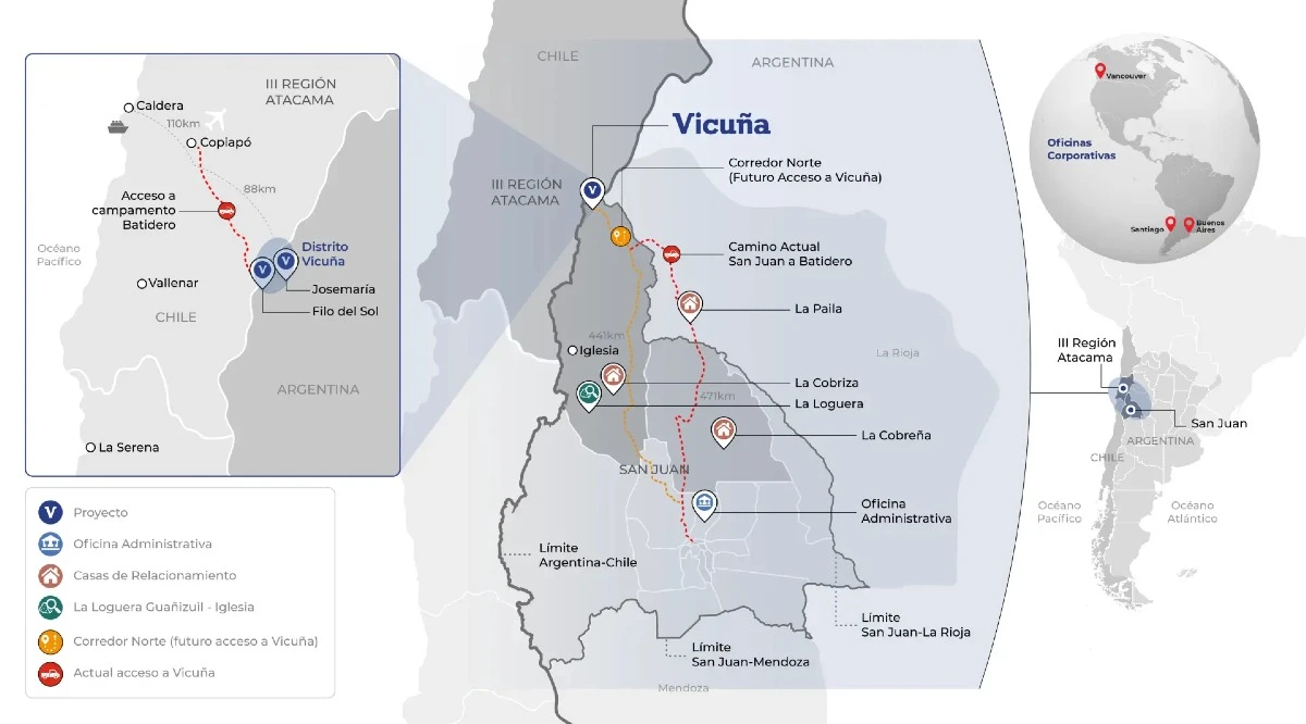 Ubicación del distrito Vicuña y sus accesos actuales y proyectados entre San Juan y Atacama. El desarrollo integra los depósitos Josemaría y Filo del Sol (Fuente: Vicuña).