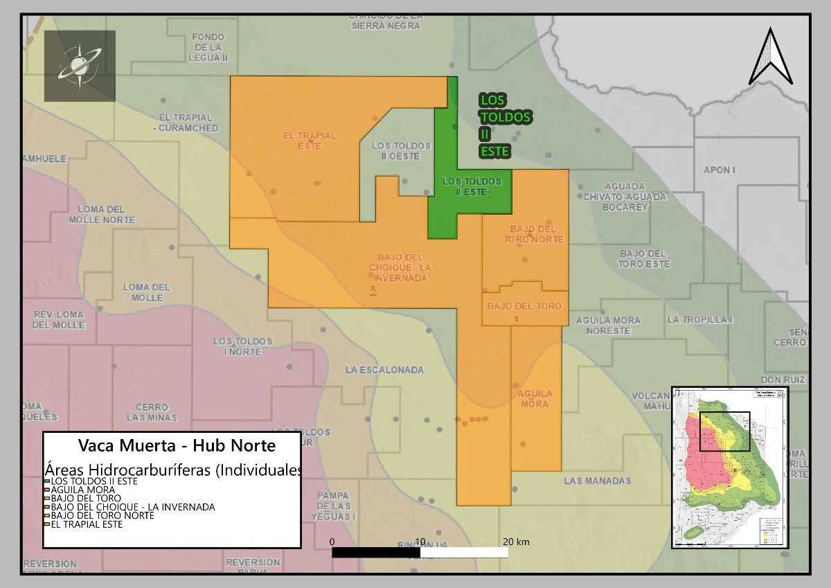 Los Toldos II Este (Tecpetrol) se ubica en el Hub Norte de Vaca Muerta, rodeado por áreas ya productivas como El Trapial (Chevron), Bajo del Choique (Pluspetrol) y Bajo del Toro (Vista).