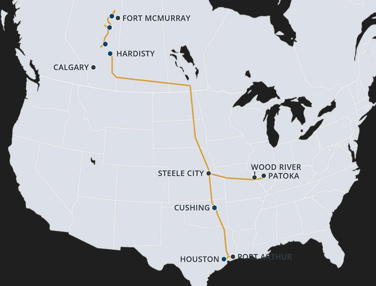 Mapa del trazado Keystone XL y sus conexiones hacia los principales nodos petroleros de EE.UU. (Fuente: Southbow.com)